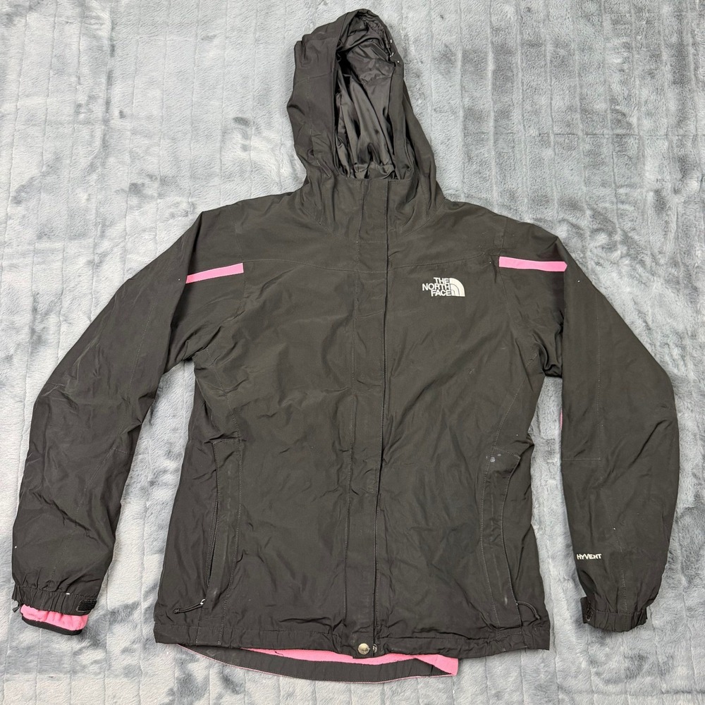 The North Face HyVent Rain Jacket Womens Medium Black Pink Hooded Waterproof